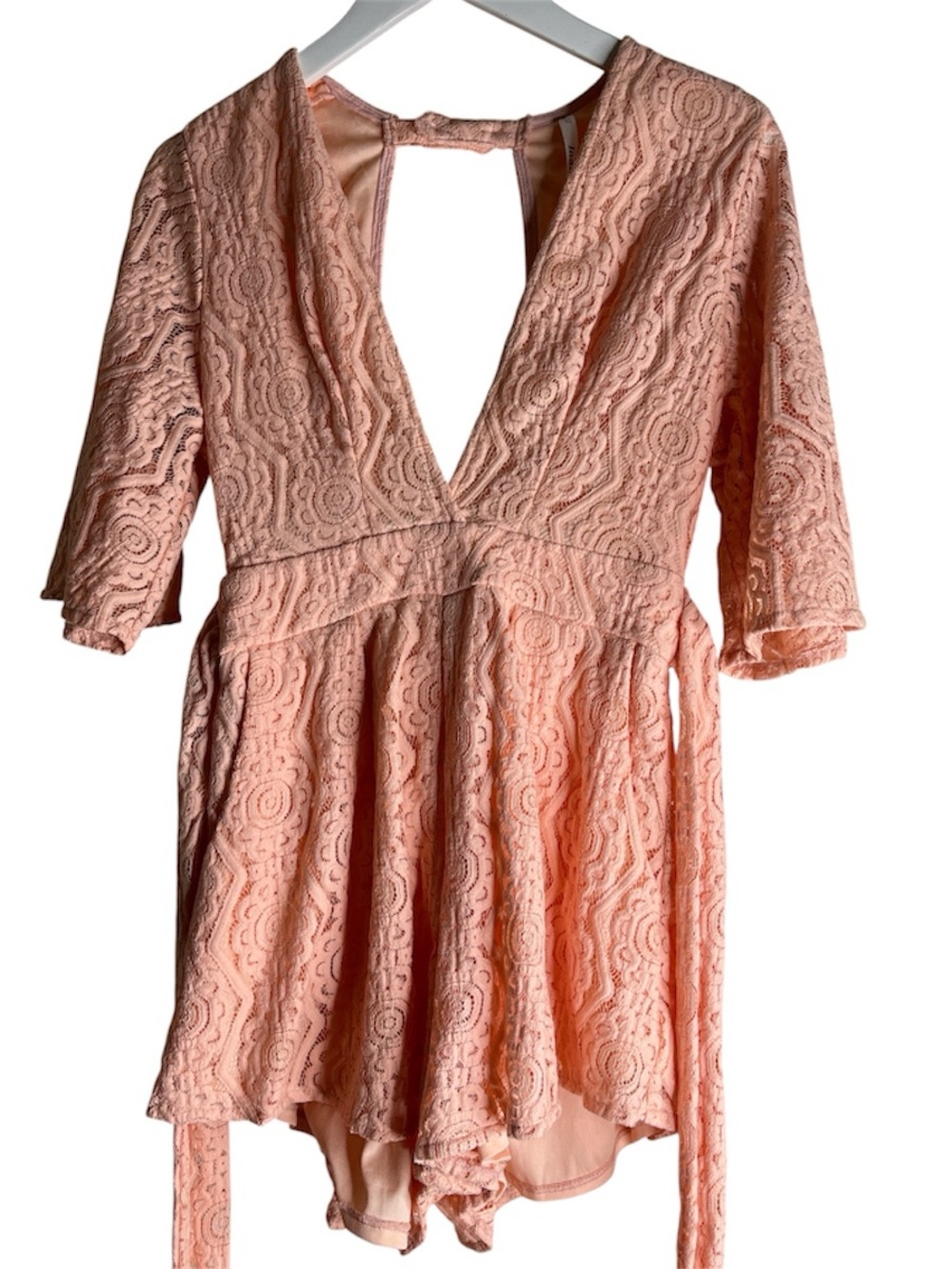 INDIKAH Lace Detail Belted Short Romper With Floaty Sleeve Detail Blush Pink 10